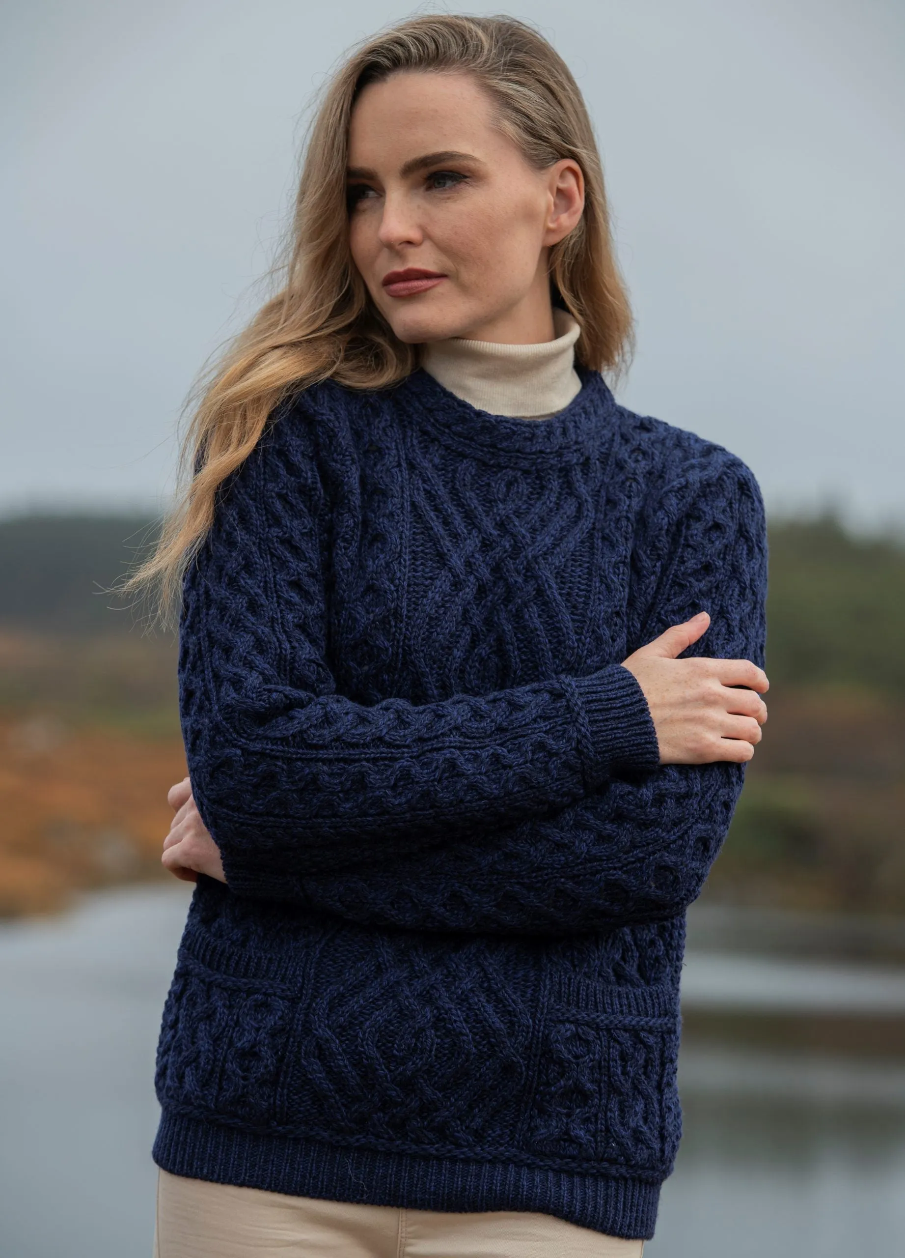 Aran Cable Knit Crew Neck Sweater | Blue