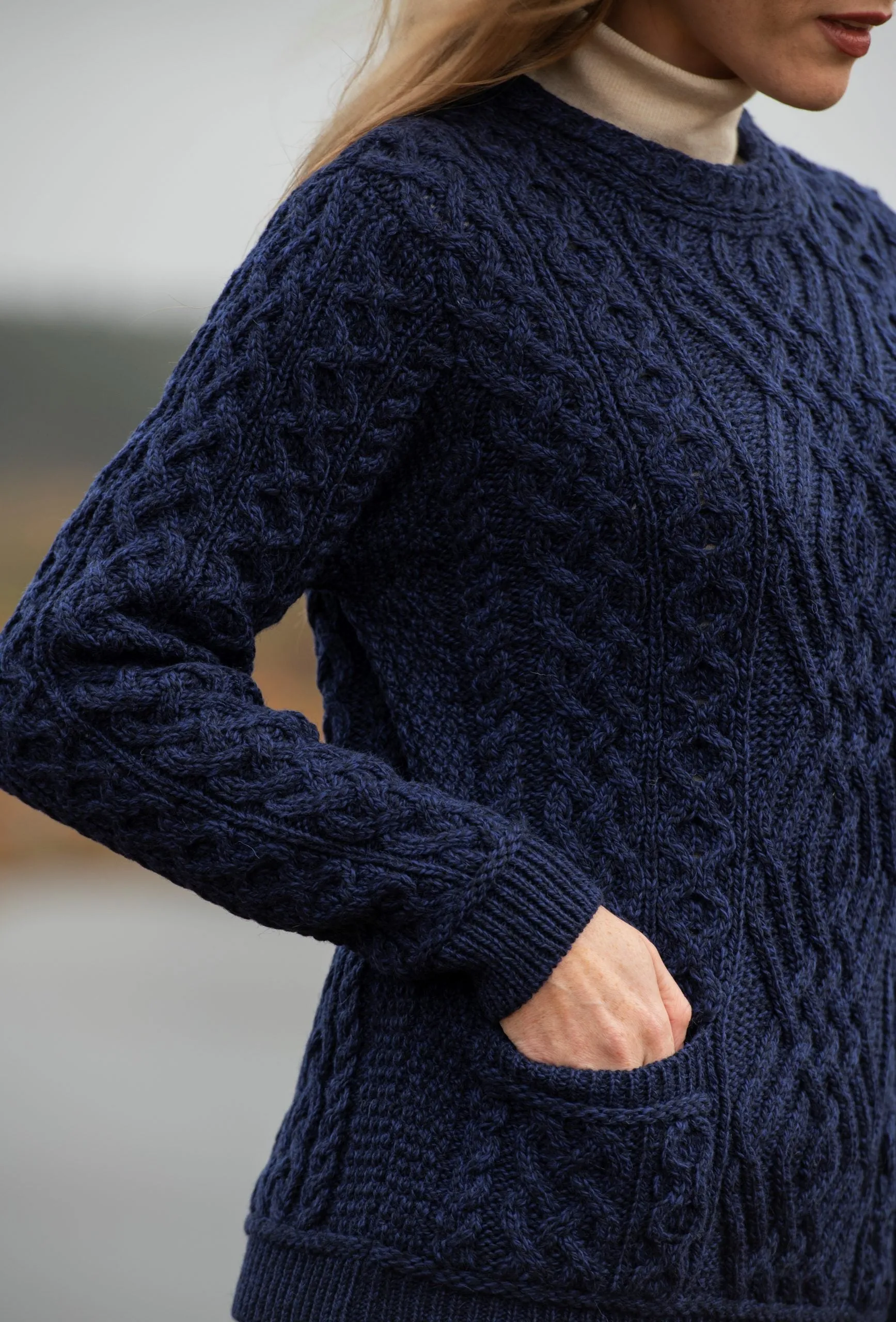 Aran Cable Knit Crew Neck Sweater | Blue