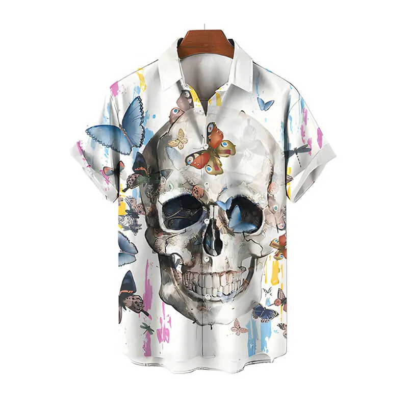 Colorful Skull Head Print Polyester Hawaiian Shirt