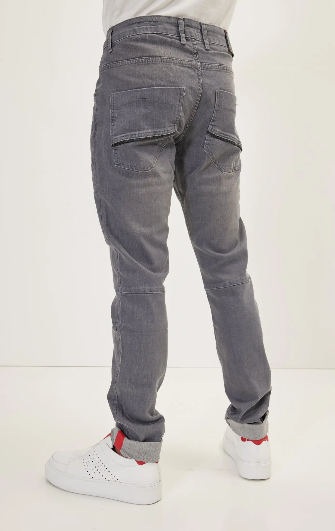 Cuff Detail Inner Red Stripe Denim - Grey
