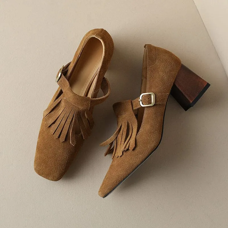 Handmade SuedeLeather Pumps Mary Jane T Strap Square Toe Tassels Details in Black/Brown