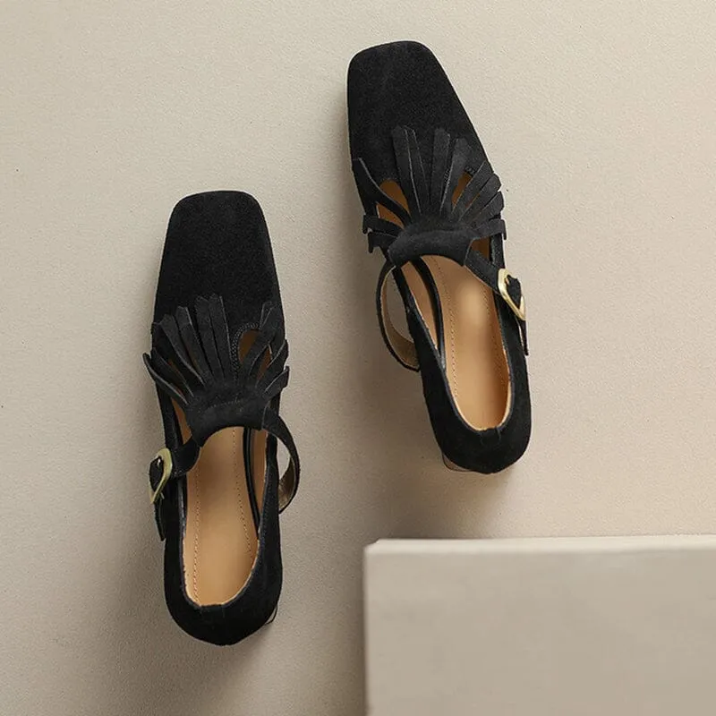 Handmade SuedeLeather Pumps Mary Jane T Strap Square Toe Tassels Details in Black/Brown