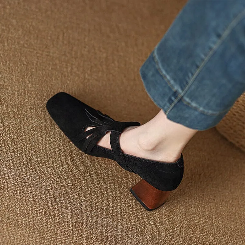 Handmade SuedeLeather Pumps Mary Jane T Strap Square Toe Tassels Details in Black/Brown