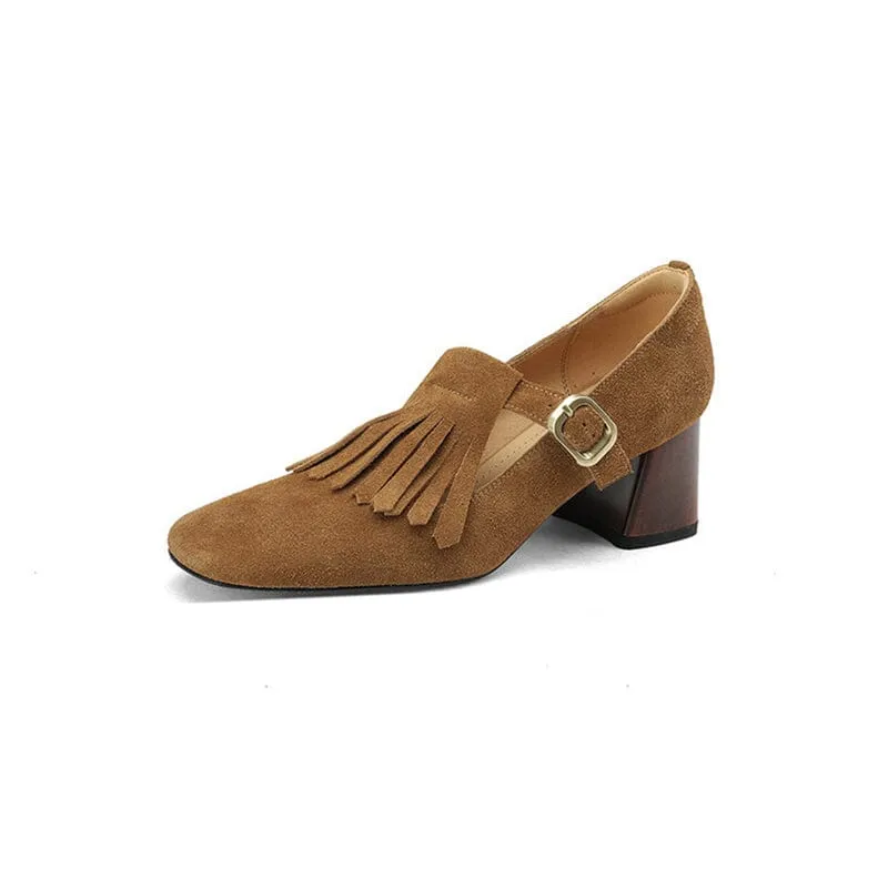 Handmade SuedeLeather Pumps Mary Jane T Strap Square Toe Tassels Details in Black/Brown