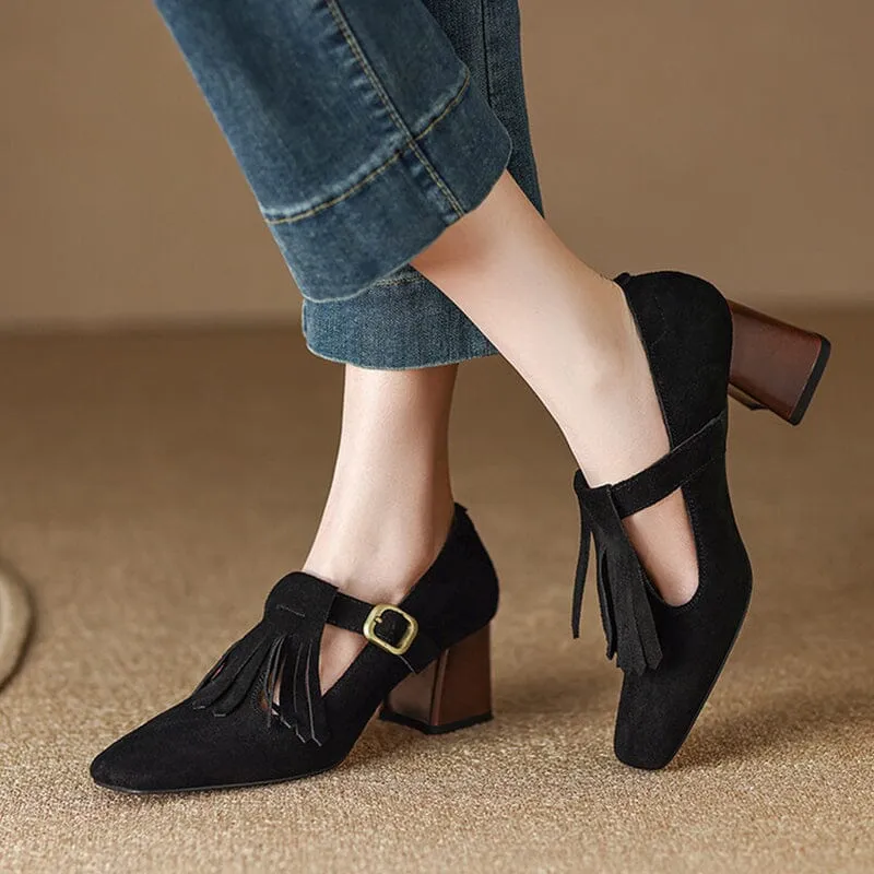 Handmade SuedeLeather Pumps Mary Jane T Strap Square Toe Tassels Details in Black/Brown