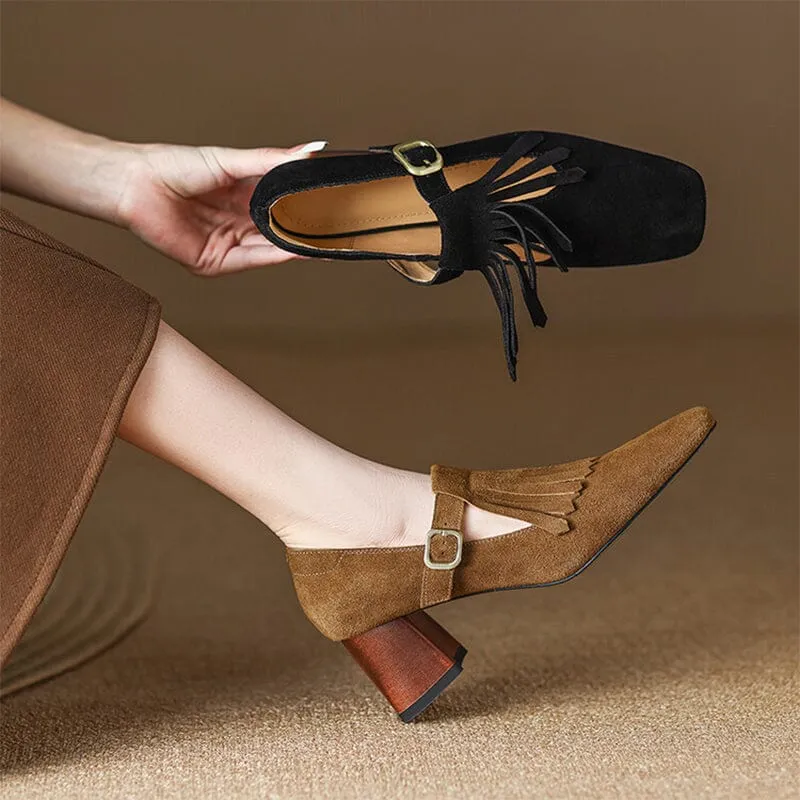 Handmade SuedeLeather Pumps Mary Jane T Strap Square Toe Tassels Details in Black/Brown