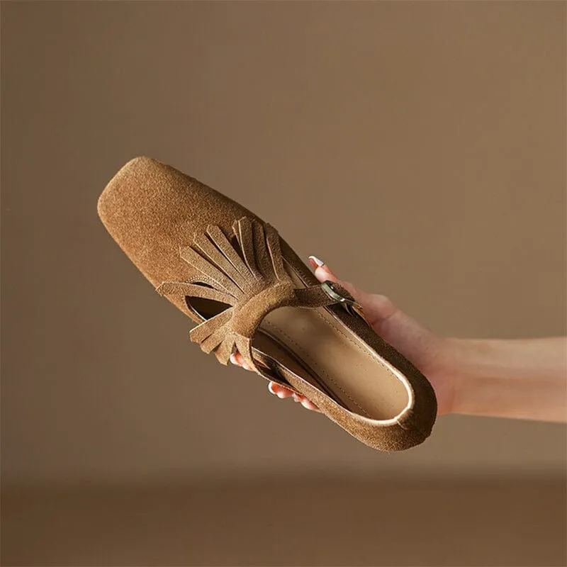 Handmade SuedeLeather Pumps Mary Jane T Strap Square Toe Tassels Details in Black/Brown