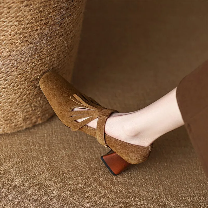 Handmade SuedeLeather Pumps Mary Jane T Strap Square Toe Tassels Details in Black/Brown