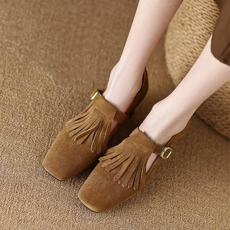 Handmade SuedeLeather Pumps Mary Jane T Strap Square Toe Tassels Details in Black/Brown