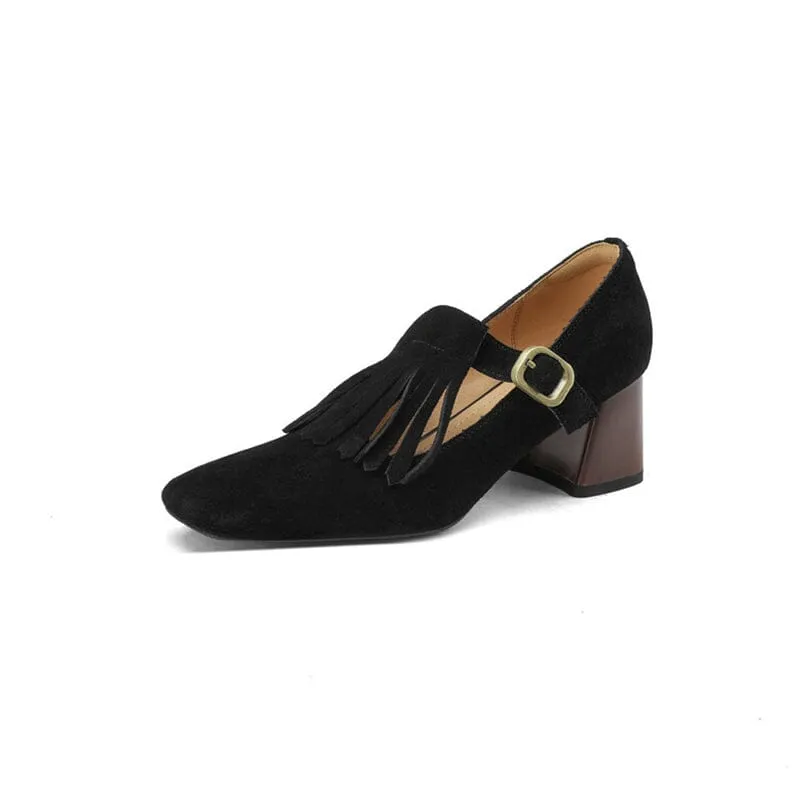 Handmade SuedeLeather Pumps Mary Jane T Strap Square Toe Tassels Details in Black/Brown