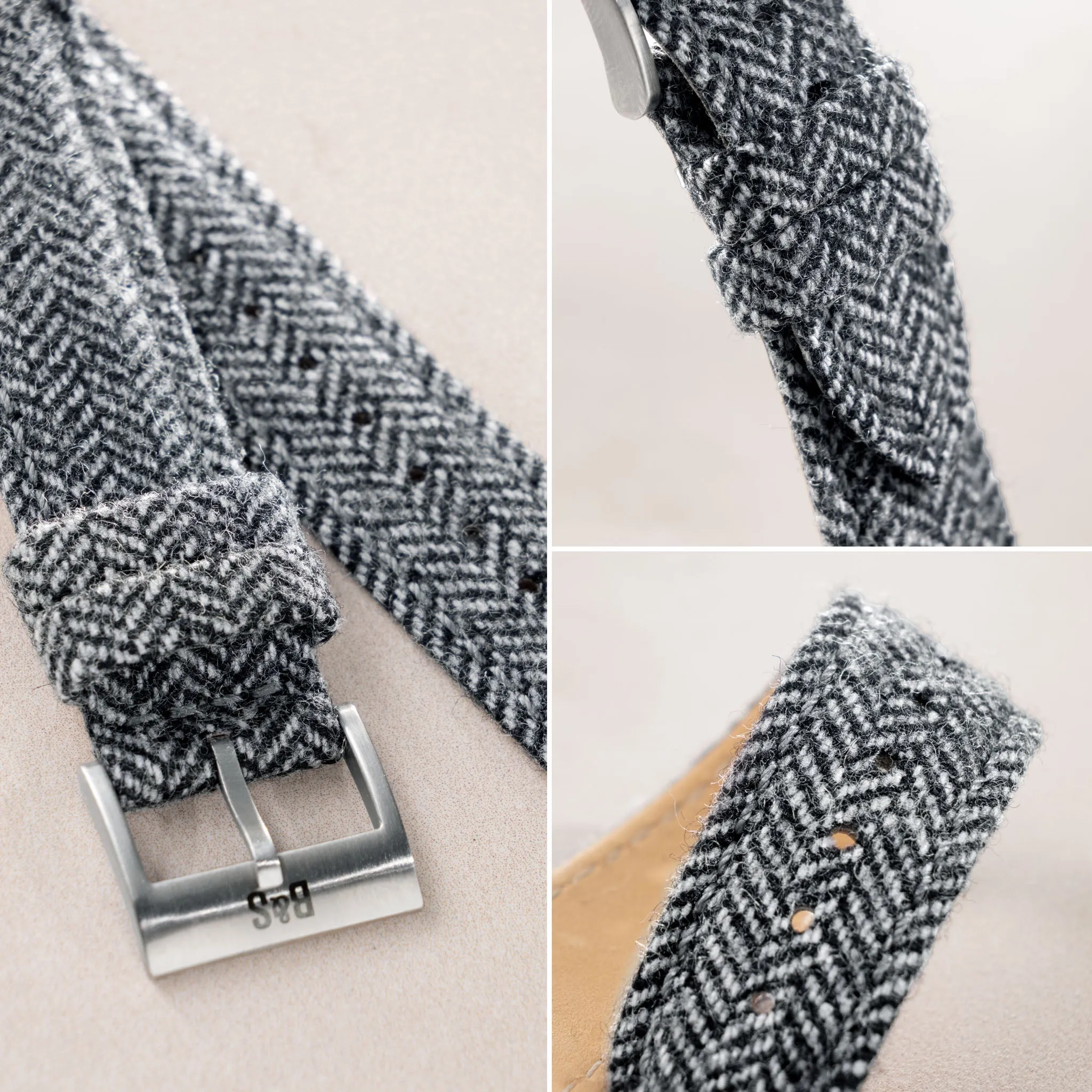 Herringbone Tweed Black Leather Watch Strap