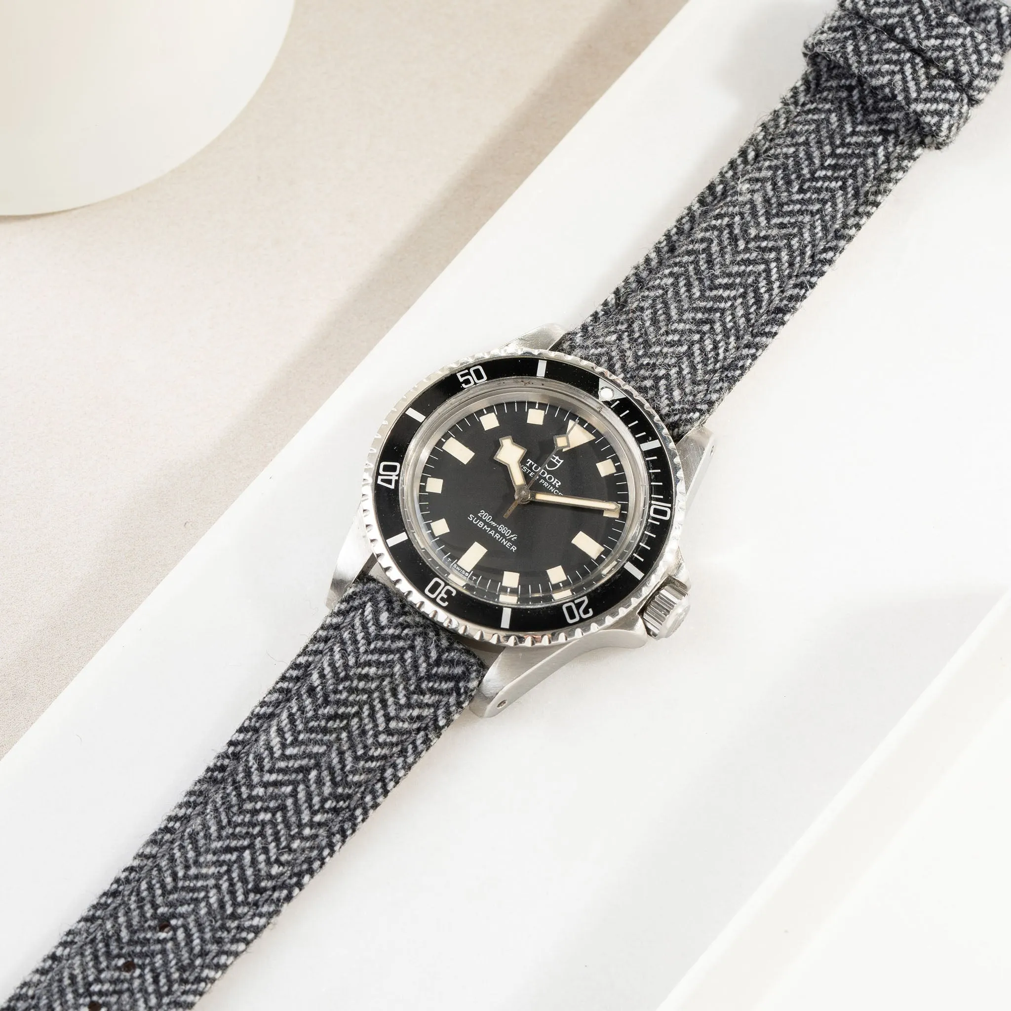 Herringbone Tweed Black Leather Watch Strap