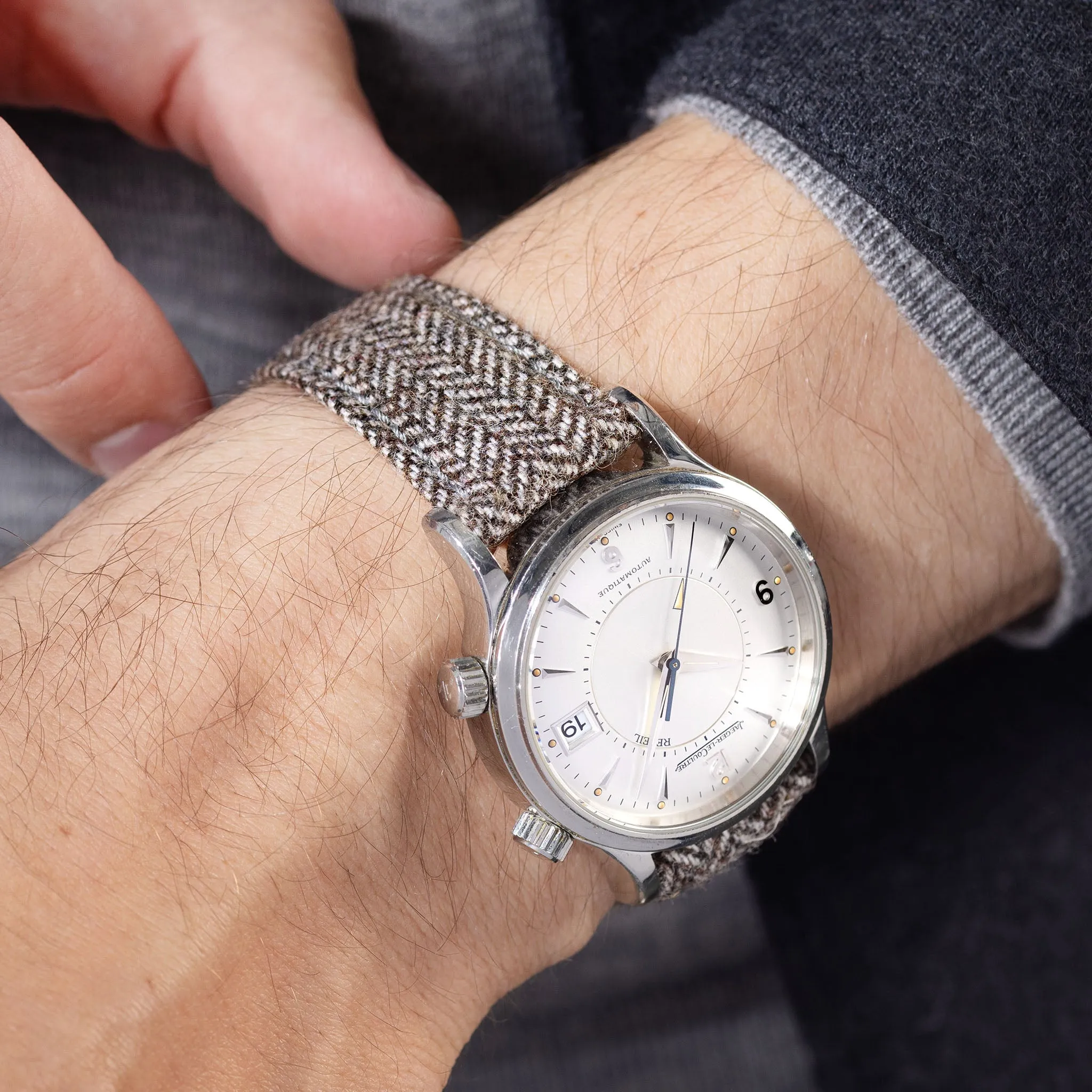 Herringbone Tweed Brown Leather Watch Strap