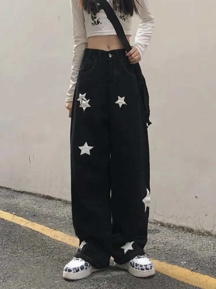 Retro Print Black Cargo Women Gothic Punk Oversize Pant