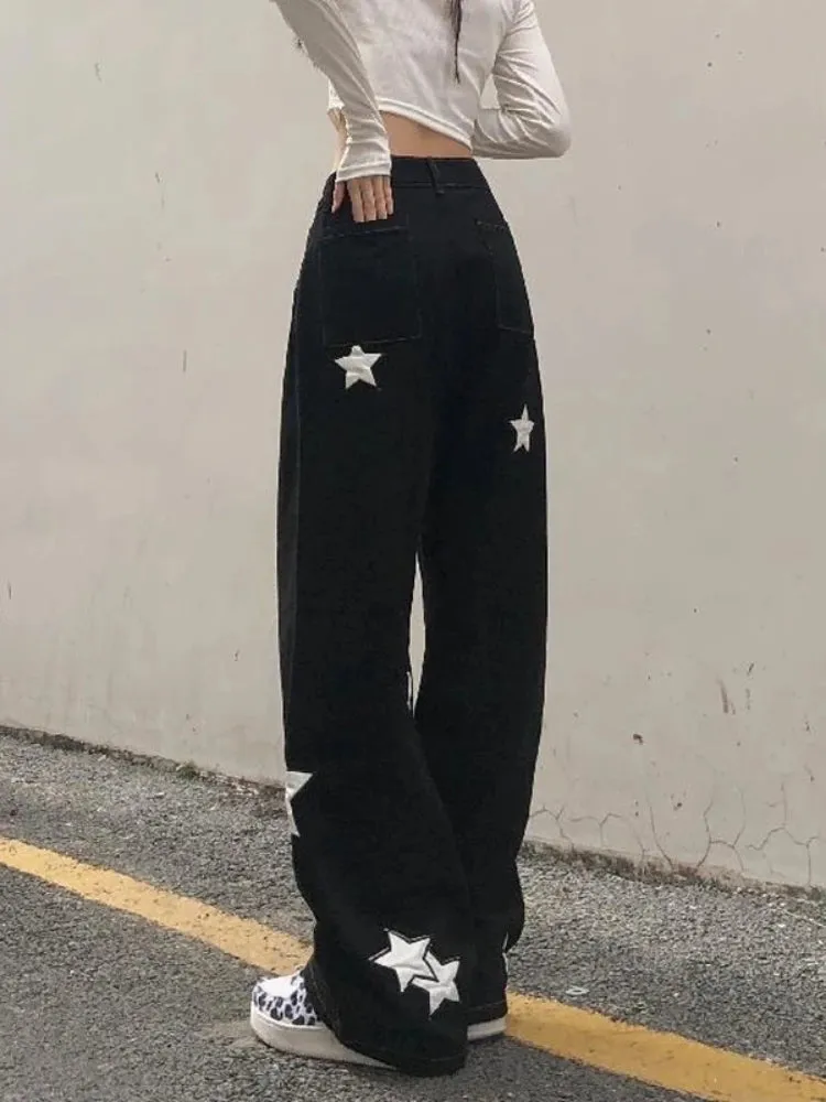 Retro Print Black Cargo Women Gothic Punk Oversize Pant