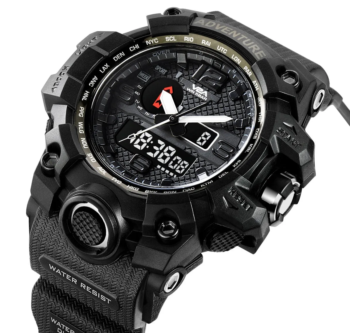 V2A Chronograph Shock Resistant Army Digital Analog Watch with Dual Time Zone and Countdown Timer for Men and Boys (Black)